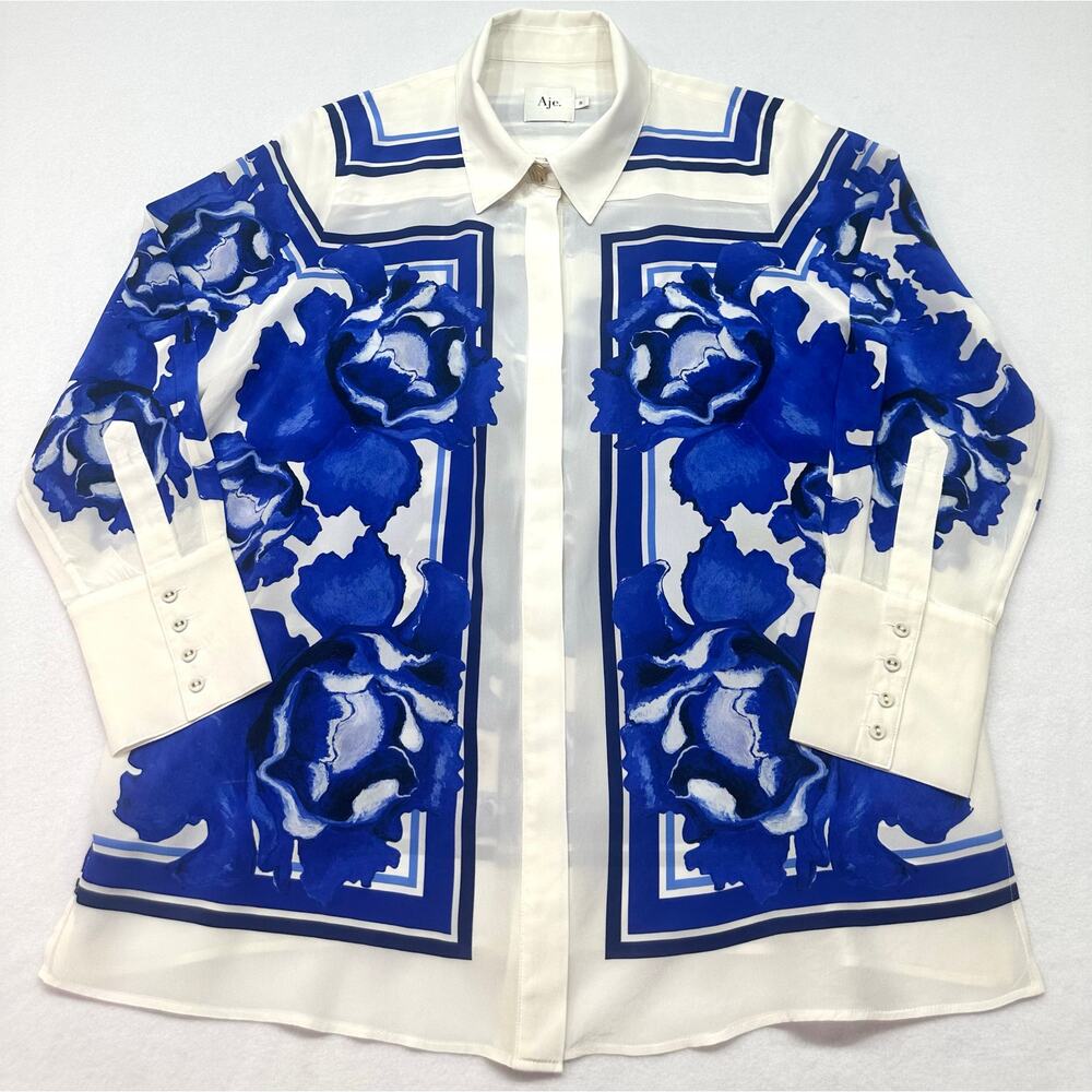 NWOT Aje Atomic 100% Silk Shirt Boldly Blooming Cobalt Floral Blouse Size 8 - Picture 6 of 15